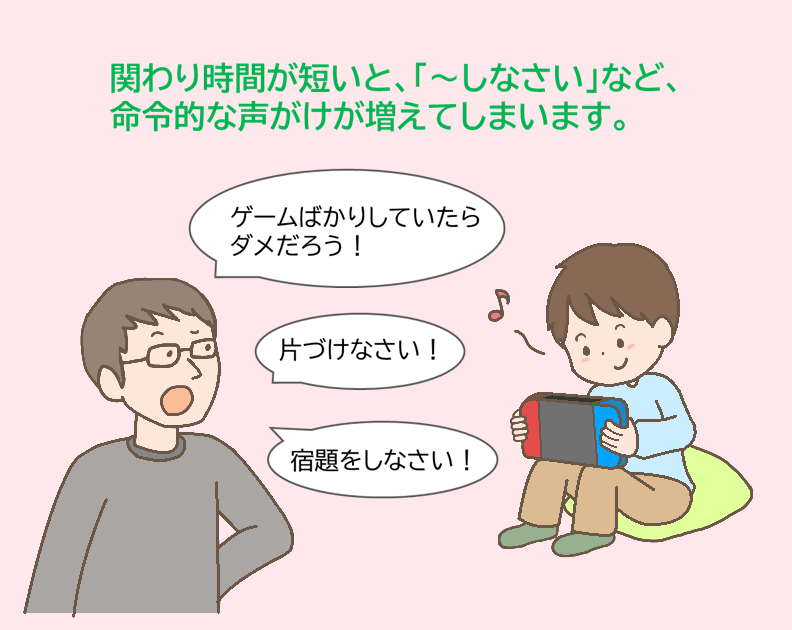 親子のかかわり方
親子で信頼関係を築くには
子どもとのかかわり方悩み
子どもとの時間がない
子どもが相談してくれない
子どもの気持ちがわからない
子どもが約束を守らない
子どもをつい叱ってしまう
子どもをほめられない