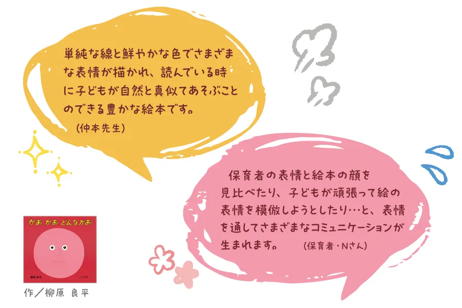 かおかお どんなかお--作/柳原 良平--単純な線と鮮やかな色でさまざまな表情が描かれ、読んでいる時に子どもが自然と真似てあそぶことのできる豊かな絵本です。(仲本先生)