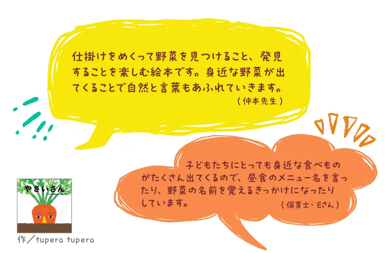 やさいさん--作/tupera tupera--仕掛けをめくって野菜を見つけること、発見することを楽しむ絵本です。身近な野菜が出てくることで自然と言葉もあふれていきます。(仲本先生)