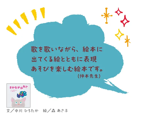さかながはねて--文/中川 ひろたか 絵/森 あさ子--歌を歌いながら、絵本に出てくる絵とともに表現あそびを楽しむ絵本です。
