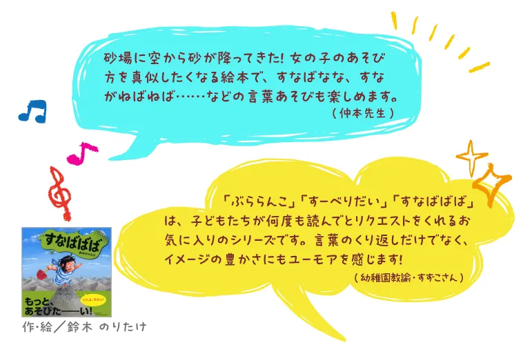 すなばばば--作・絵/鈴木 のりたけ--砂場に空から砂が降ってきた! 女の子のあそび方を真似したくなる絵本で、すなばなな、すながねばねば……などの言葉あそびも楽しめます。(仲本先生)