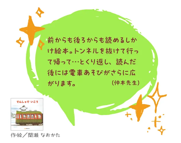 でんしゃでいこう でんしゃでかえろう--作・絵/間瀬 なおかた--前からも後ろからも読めるしかけ絵本。トンネルを抜けて行って帰って…とくり返し、読んだ後には電車あそびがさらに広がります。