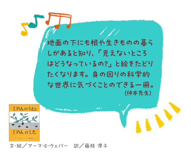 じめんのうえと じめんのした--文・絵/アーマ・E・ウェバー 訳/藤枝 澪子--地面の下にも根や生きものの暮らしがあると知り、「見えないところはどうなっているの?」と絵をたどりたくなります。身の回りの科学的な世界に気づくことのできる一冊。