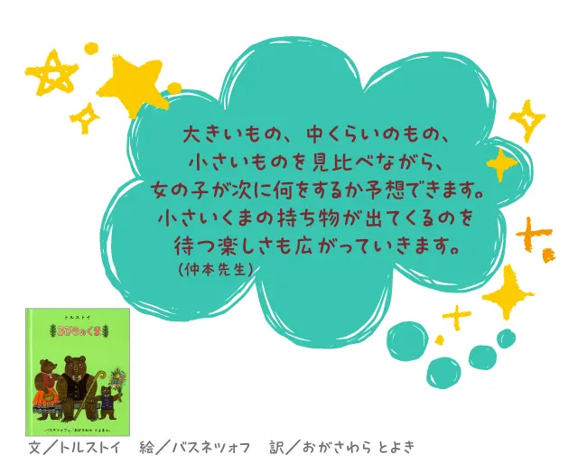 ３びきのくま--文／トルストイ　絵／バスネツォフ　訳／おがさわら とよき--大きいもの、中くらいのもの、小さいものを見比べながら、女の子が次に何をするか予想できます。小さいくまの持ち物が出てくるのを待つ楽しさも広がっていきます。