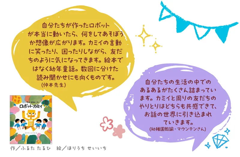 ロボット・カミィ--作/ふるた たるひ 絵/ほりうち せいいち--自分たちが作ったロボットが本当に動いたら、何をしてあそぼうかと想像が広がります。カミイの言動に笑ったり、困ったりしながら、友だちのように気になってきます。絵本ではなく幼年童話。数回に分けた読み聞かせにも向くものです。
