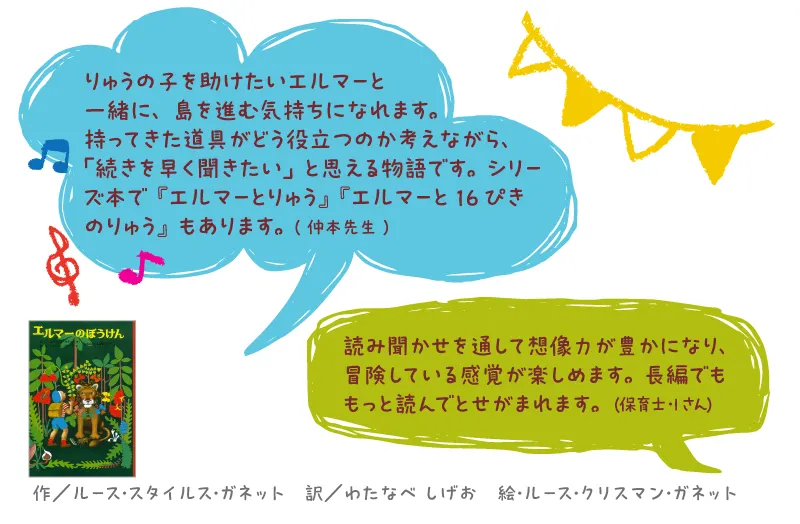 エルマーのぼうけん--作/ルース・スタイルス・ガネット 訳/わたなべ しげお 絵・ルース・クリスマン・ガネット--りゅうの子を助けたいエルマーと一緒に、島を進む気持ちになれます。持ってきた道具がどう役立つのか考えながら、「続きを早く聞きたい」と思える物語です。シリーズ本で『エルマーとりゅう』『エルマーと16ぴきのりゅう』もあります。